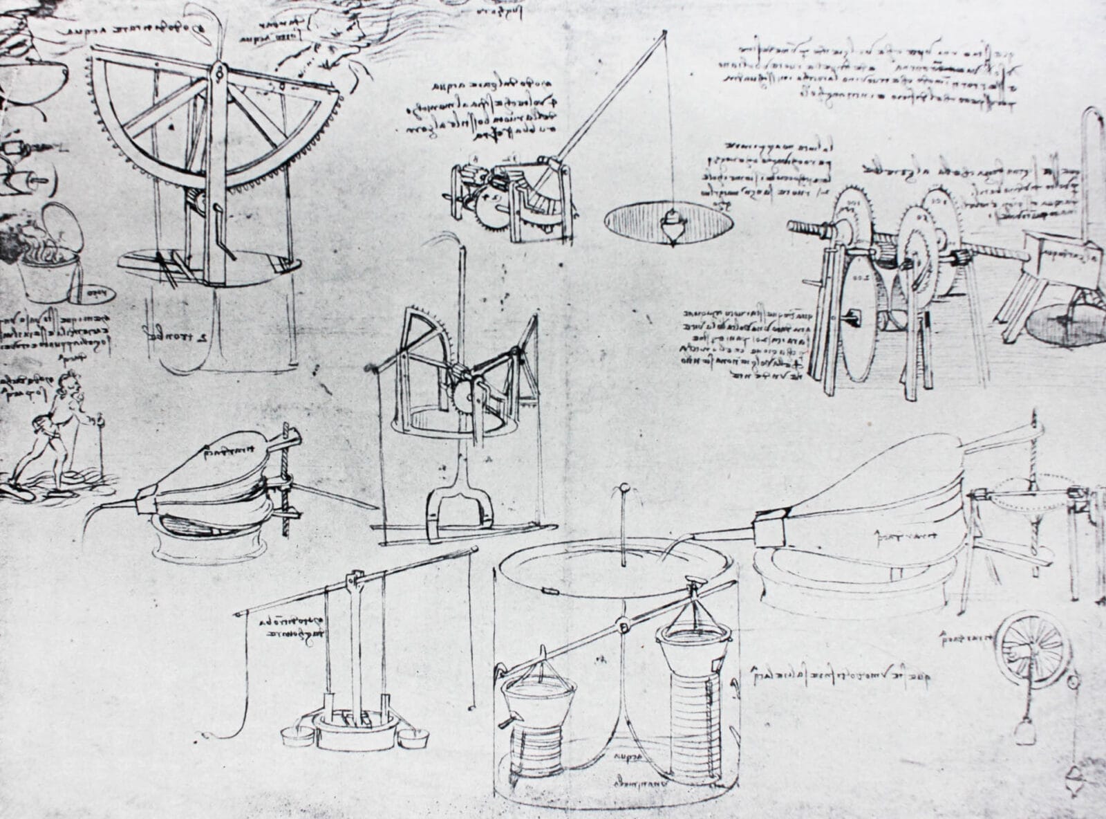 The mechanisms. Atlantic code 7 verso a. By Leonardo Da Vinci in the vintage book Leonardo da Vinci by A.L. Volynskiy, St. Petersburg, 1899