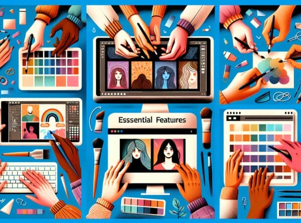 An image showing the essential features of top art apps for enhancing one's creativity. It presents various tools in these programs like brushes, palettes, layers, and erasers being used by various hands of different descents, including a Caucasian male, a Hispanic female, and a Middle Eastern non-binary individual.