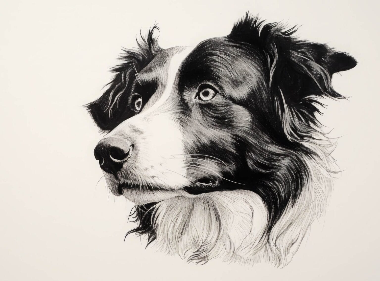 minimalist one-line pen drawing on white paper of a border collie, copy space, 16:9