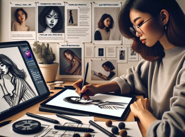 An artist is learning to sketch on an advanced software called Procreate.